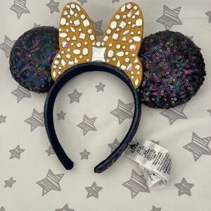 Sequin Minnie Mouse Ears Headband with Gold Bow